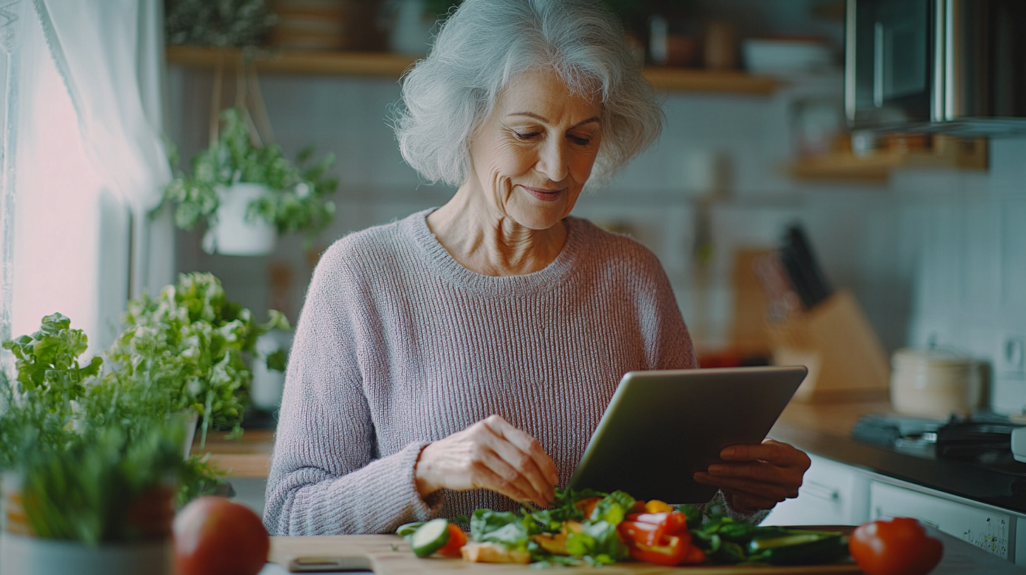 Възрастна жена пие чай и чете
